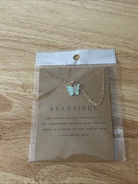Gold Butterfly Necklace with Mint Blue Pendant